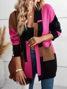 SHEIN LUNE Cardigan long à blocs de couleurs à double poches - Multicolore - Voir 1