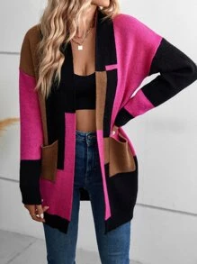 SHEIN LUNE Cardigan long à blocs de couleurs à double poches - Multicolore - Voir 4