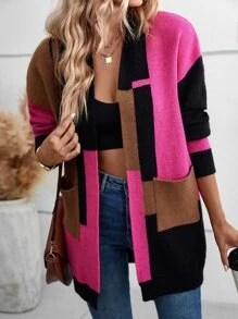 SHEIN LUNE Cardigan long à blocs de couleurs à double poches - Multicolore - Voir 5