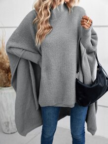 EMERY ROSE 高领蝙蝠袖前短后长下摆针织套头衫，秋冬款 - 灰色 - 查看 1