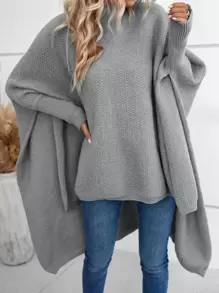 EMERY ROSE 高领蝙蝠袖前短后长下摆针织套头衫，秋冬款 - 灰色 - 查看 4