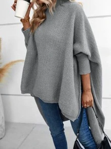 EMERY ROSE 高领蝙蝠袖前短后长下摆针织套头衫，秋冬款 - 灰色 - 查看 5