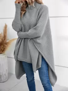 EMERY ROSE 高领蝙蝠袖前短后长下摆针织套头衫，秋冬款 - 灰色 - 查看 6