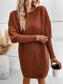 SHEIN LUNE Solid Batwing Sleeve Jumper Dress - Brown - View 1