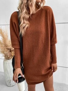 SHEIN LUNE Solid Batwing Sleeve Jumper Dress - Brown - View 3