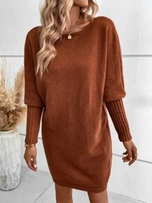 SHEIN LUNE Solid Batwing Sleeve Jumper Dress - Brown - View 5