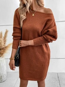 SHEIN LUNE Solid Batwing Sleeve Jumper Dress - Brown - View 6