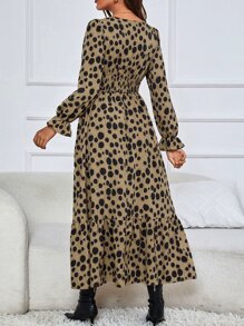 SHEIN LUNE Đầm Viên lá sen Dải chun Tất cả trên in Thanh lịch - Màu Khaki - Xem 2