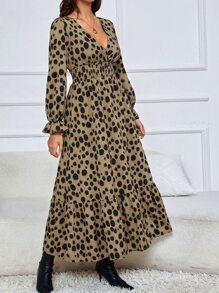 SHEIN LUNE Đầm Viên lá sen Dải chun Tất cả trên in Thanh lịch - Màu Khaki - Xem 5