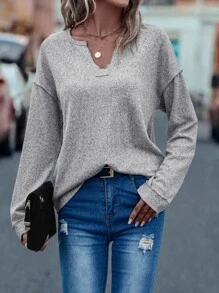 SHEIN LUNE Notched Neck Drop Shoulder Tee - Light Grey - View 3