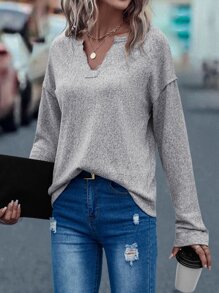 SHEIN LUNE Notched Neck Drop Shoulder Tee - Light Grey - View 4