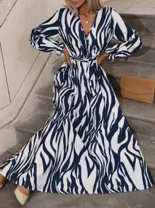 EMERY ROSE Zebra Striped Surplice Neck Belted Dress