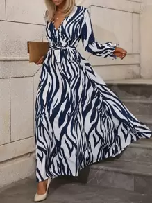 EMERY ROSE Zebra Striped Surplice Neck Belted Dress