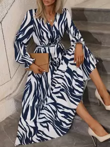 EMERY ROSE Zebra Striped Surplice Neck Belted Dress