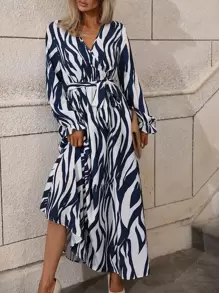 EMERY ROSE Zebra Striped Surplice Neck Belted Dress