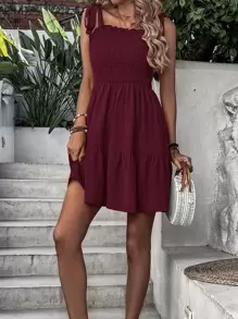 Breezaya Vestido de tirantes de hombros con cordón con fruncido bajo con fruncido - Burdeos - Ver 7