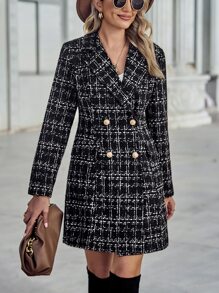 SHEIN Clasi 格紋圖案雙排釦粗花呢花呢外套 - 黑色 - 查看 1