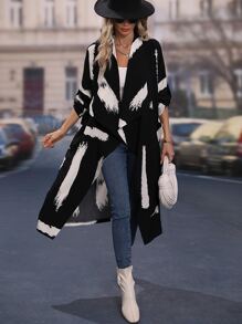 SHEIN LUNE Brush Strokes Print Drop Shoulder Longline Coat - Black - View 1
