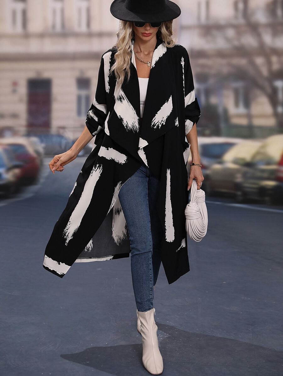SHEIN LUNE Brush Strokes Print Drop Shoulder Longline Coat - Black - View 1