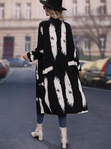 SHEIN LUNE Brush Strokes Print Drop Shoulder Longline Coat - Black - View 2