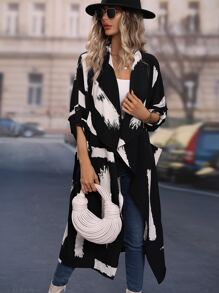 SHEIN LUNE Brush Strokes Print Drop Shoulder Longline Coat - Black - View 4