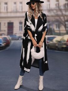 SHEIN LUNE Brush Strokes Print Drop Shoulder Longline Coat - Black - View 6