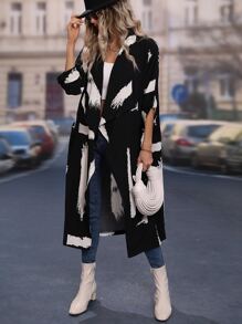 SHEIN LUNE Brush Strokes Print Drop Shoulder Longline Coat - Black - View 7