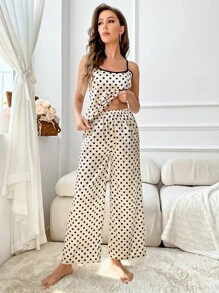 波點圖案後背十字交叉緞面睡衣套裝 - 香檳色 - 查看 4