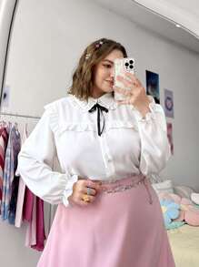 SHEIN Qutie Blusa ribete fruncido de cuello exagerado - Blanco - Ver 1