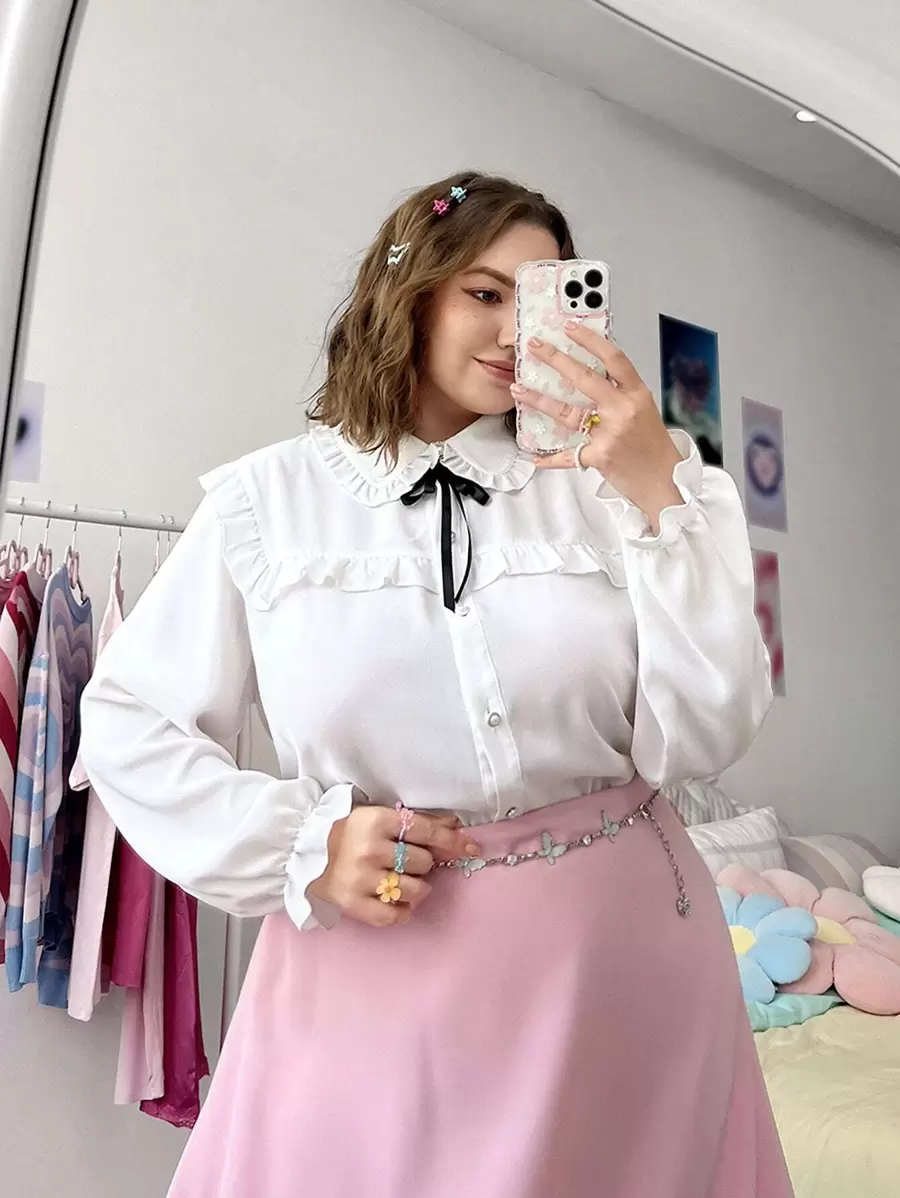 SHEIN Qutie Blusa ribete fruncido de cuello exagerado - Blanco - Ver 1