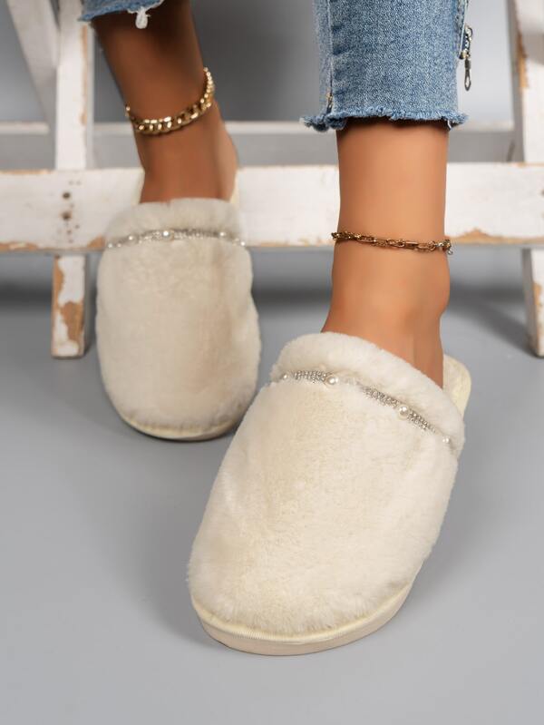 Rhinestone & Faux Pearl Decor Fuzzy Bedroom Slippers SHEIN UK