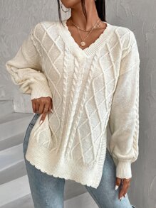 SHEIN Essnce Jersey tejido de cable escote V de hombros caídos bajo con abertura - Beis - Ver 1