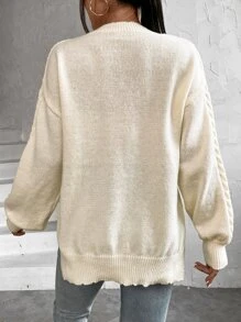 SHEIN Essnce Jersey tejido de cable escote V de hombros caídos bajo con abertura - Beis - Ver 2