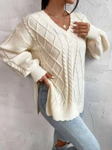 SHEIN Essnce Jersey tejido de cable escote V de hombros caídos bajo con abertura - Beis - Ver 3