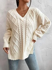 SHEIN Essnce Jersey tejido de cable escote V de hombros caídos bajo con abertura - Beis - Ver 4