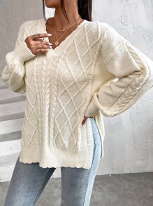 SHEIN Essnce Jersey tejido de cable escote V de hombros caídos bajo con abertura - Beis - Ver 5