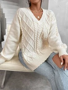 SHEIN Essnce Jersey tejido de cable escote V de hombros caídos bajo con abertura - Beis - Ver 6