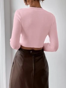RosyDaze 纯色罗纹针织短款毛衣，长袖套头衫，秋冬款 - 粉色 - 查看 2