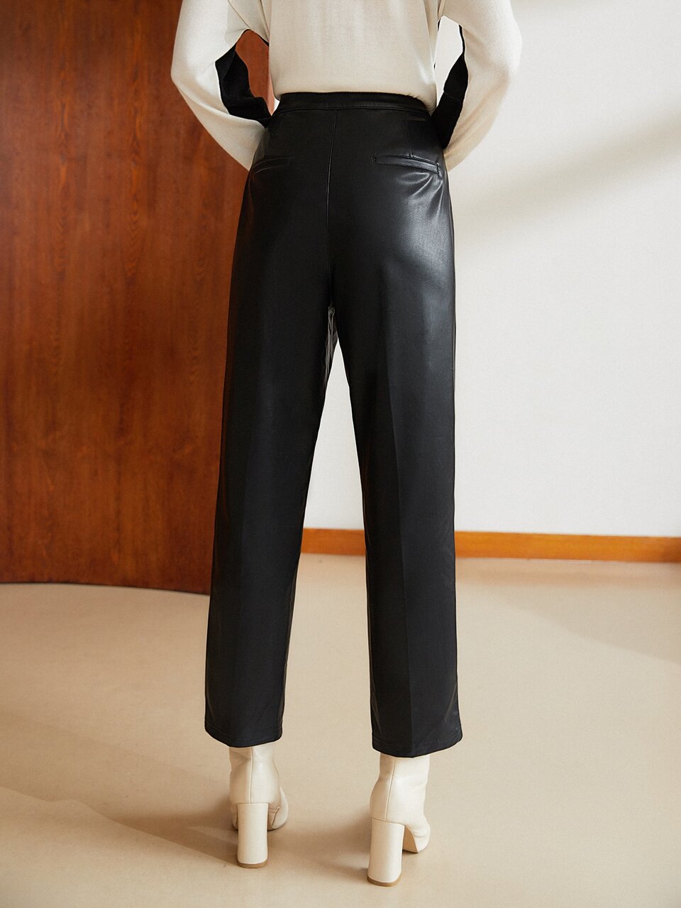 MOTF Pantalones PU pliegue de prensa