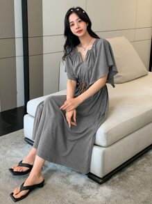 DAZY Notched Neckline Butterfly Sleeve Knot Front Lounge Dress - Grey - View 1