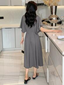 DAZY Notched Neckline Butterfly Sleeve Knot Front Lounge Dress - Grey - View 2