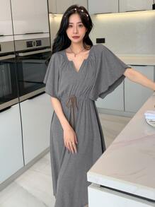 DAZY Notched Neckline Butterfly Sleeve Knot Front Lounge Dress - Grey - View 5