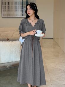 DAZY Notched Neckline Butterfly Sleeve Knot Front Lounge Dress - Grey - View 6