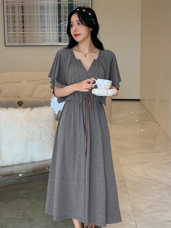 DAZY Notched Neckline Butterfly Sleeve Knot Front Lounge Dress SHEIN USA