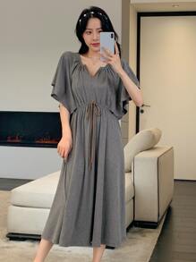 DAZY Notched Neckline Butterfly Sleeve Knot Front Lounge Dress - Grey - View 7