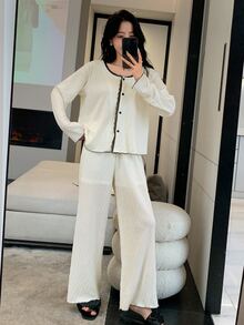 DAZY Bộ đồ giản dị Nữ Tương phản ren Nút phía trước màu trơn Giải trí - trắng - Xem 7
