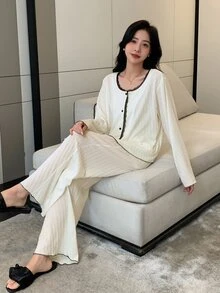 DAZY Bộ đồ giản dị Nữ Tương phản ren Nút phía trước màu trơn Giải trí - trắng - Xem 6