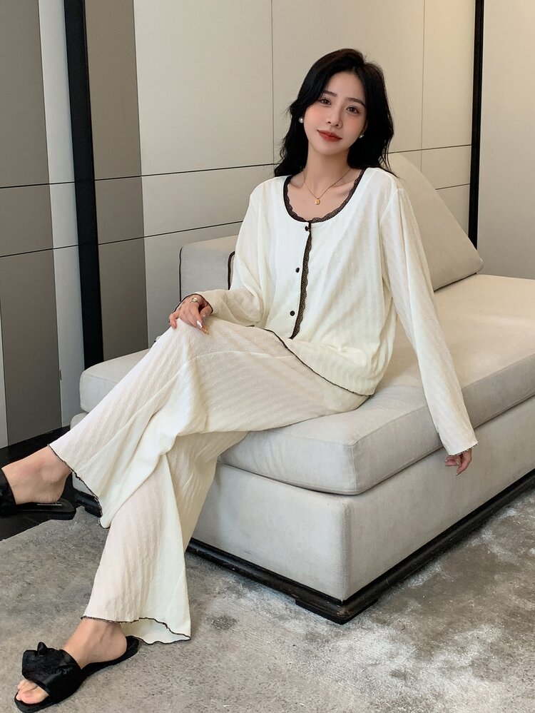 DAZY Lace Trim Lounge Set - White - View 6