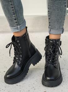 Fall/Winter Women's Fashion Mid-Calf Boots, Side Zipper Lace-Up Decor Buckle Strap Boots, White Color, Large Size,Boots For Women - Black - View 2