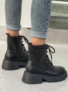 Fall/Winter Women's Fashion Mid-Calf Boots, Side Zipper Lace-Up Decor Buckle Strap Boots, White Color, Large Size,Boots For Women - Black - View 4